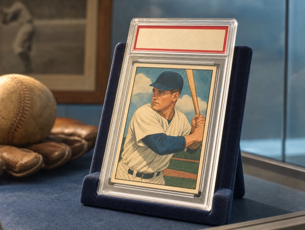 Graded vintage trading card on display