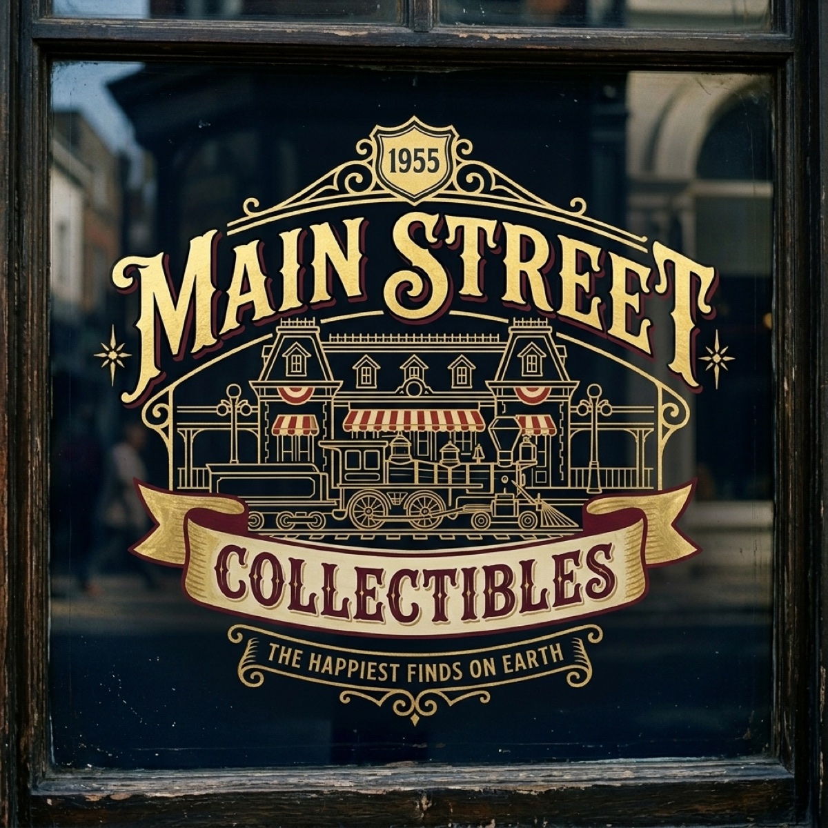 Main Street Collectibles gold-leaf logo painted on the storefront window